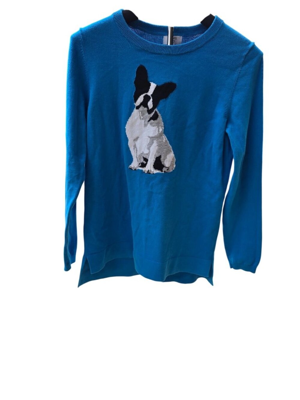 Crown & Ivy Womens Blue Sweater French Bulldog Design Small Crewneck Cotton